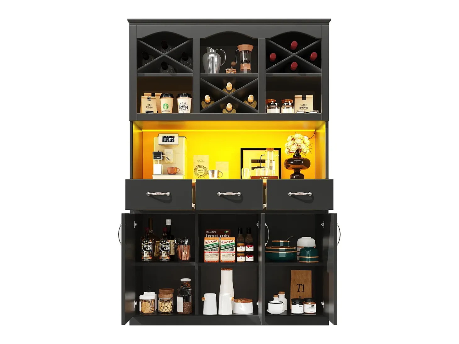 Armário alto de cozinha 120x40x180cm - 3 portas + 3 gavetas - Prateleiras abertas - Móvel alto - Com iluminação LED - Adega de vinho - Preto