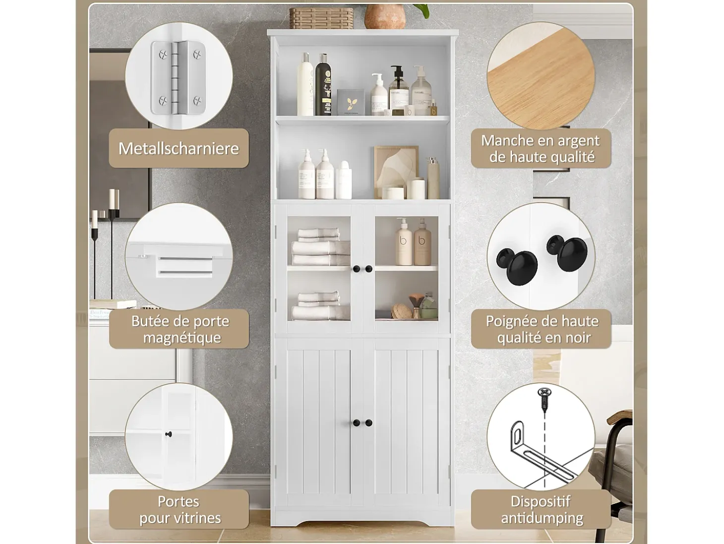 Armário alto para casa de banho com 4 portas - Madeira MDF - Branco