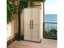 Armário ao ar livre Daldegan, Armário de varanda multiuso, Armário de vassoura de 2 portas, 100% Made in Italy, 70x47h178 cm, Bege e Castanho, Acabamento de pintura