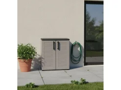 Armário ao ar livre Dbavagnol, Varanda móvel muLtiuso, Armário exterior com 2 portas, 100% Made in Italy, 68x37h84 cm, Acabamento em listras, Cinza e Preto