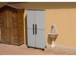 Armário ao ar livre Dbettell, Armário porTa scope, Móvel exterior 2 portas, 100% Made in Italy, 68x37h169 cm, Cinza claro e preto, Acabamento em listras