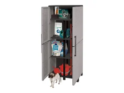 Armário ao ar livre Dbettell, Armário porTa scope, Móvel exterior 2 portas, 100% Made in Italy, 68x37h169 cm, Cinza claro e preto, Acabamento em listras