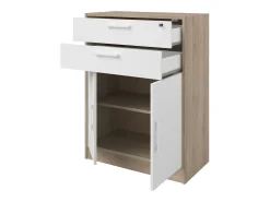 Armário baixo Veltis com 2 gavetas e 2 portas de abrir, branco e madeira clara.