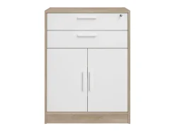 Armário baixo Veltis com 2 gavetas e 2 portas de abrir, branco e madeira clara.