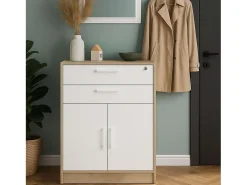 Armário baixo Veltis com 2 gavetas e 2 portas de abrir, branco e madeira clara.