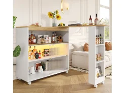 Armário bar expansível - 2 portas de vidro deslizantes, 3 prateleiras de armazenamento e nicho - Tampo com efeito de madeira MDF - LEDs - Natural e preto