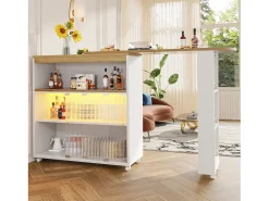 Armário bar expansível - 2 portas de vidro deslizantes, 3 prateleiras de armazenamento e nicho - Tampo com efeito de madeira MDF - LEDs - Natural e preto