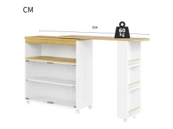Armário bar expansível - 2 portas de vidro deslizantes, 3 prateleiras de armazenamento e nicho - Tampo com efeito de madeira MDF - LEDs - Natural e preto