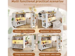 Armário bar expansível - 2 portas de vidro deslizantes, 3 prateleiras de armazenamento e nicho - Tampo com efeito de madeira MDF - LEDs - Natural e preto