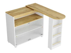 Armário bar expansível - 2 portas de vidro deslizantes, 3 prateleiras de armazenamento e nicho - Tampo com efeito de madeira MDF - LEDs - Natural e preto