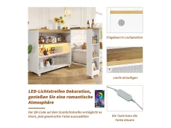 Armário bar expansível - 2 portas de vidro deslizantes, 3 prateleiras de armazenamento e nicho - Tampo com efeito de madeira MDF - LEDs - Natural e preto