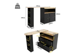 Armário bar giratório - 4 gavetas, 3 prateleiras de arrumação e nicho - Tampo com efeito madeira MDF - 138 cm/105x39x102 cm - Preto