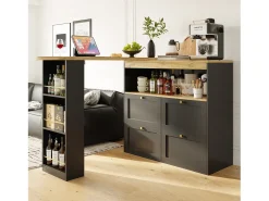 Armário bar giratório - 4 gavetas, 3 prateleiras de arrumação e nicho - Tampo com efeito madeira MDF - 138 cm/105x39x102 cm - Preto