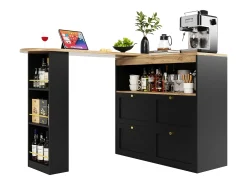 Armário bar giratório - 4 gavetas, 3 prateleiras de arrumação e nicho - Tampo com efeito madeira MDF - 138 cm/105x39x102 cm - Preto