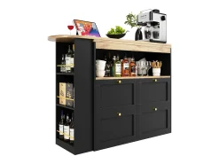 Armário bar giratório - 4 gavetas, 3 prateleiras de arrumação e nicho - Tampo com efeito madeira MDF - 138 cm/105x39x102 cm - Preto