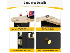 Armário bar giratório - 4 gavetas, 3 prateleiras de arrumação e nicho - Tampo com efeito madeira MDF - 138 cm/105x39x102 cm - Preto
