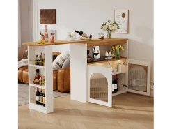 Armário bar giratório - 2 portas, 3 prateleiras de armazenamento e nicho - Tampo com efeito madeira MDF - LEDs - Natural e branco