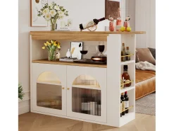 Armário bar giratório - 2 portas, 3 prateleiras de armazenamento e nicho - Tampo com efeito madeira MDF - LEDs - Natural e branco
