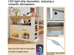 Armário bar giratório - 2 portas, 3 prateleiras de armazenamento e nicho - Tampo com efeito madeira MDF - LEDs - Natural e branco