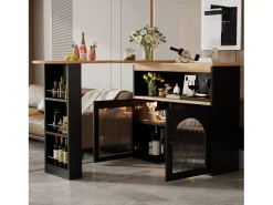 Armário bar giratório - 2 portas, 3 prateleiras de armazenamento e nicho - Tampo com efeito madeira MDF - LEDs - Natural e preto