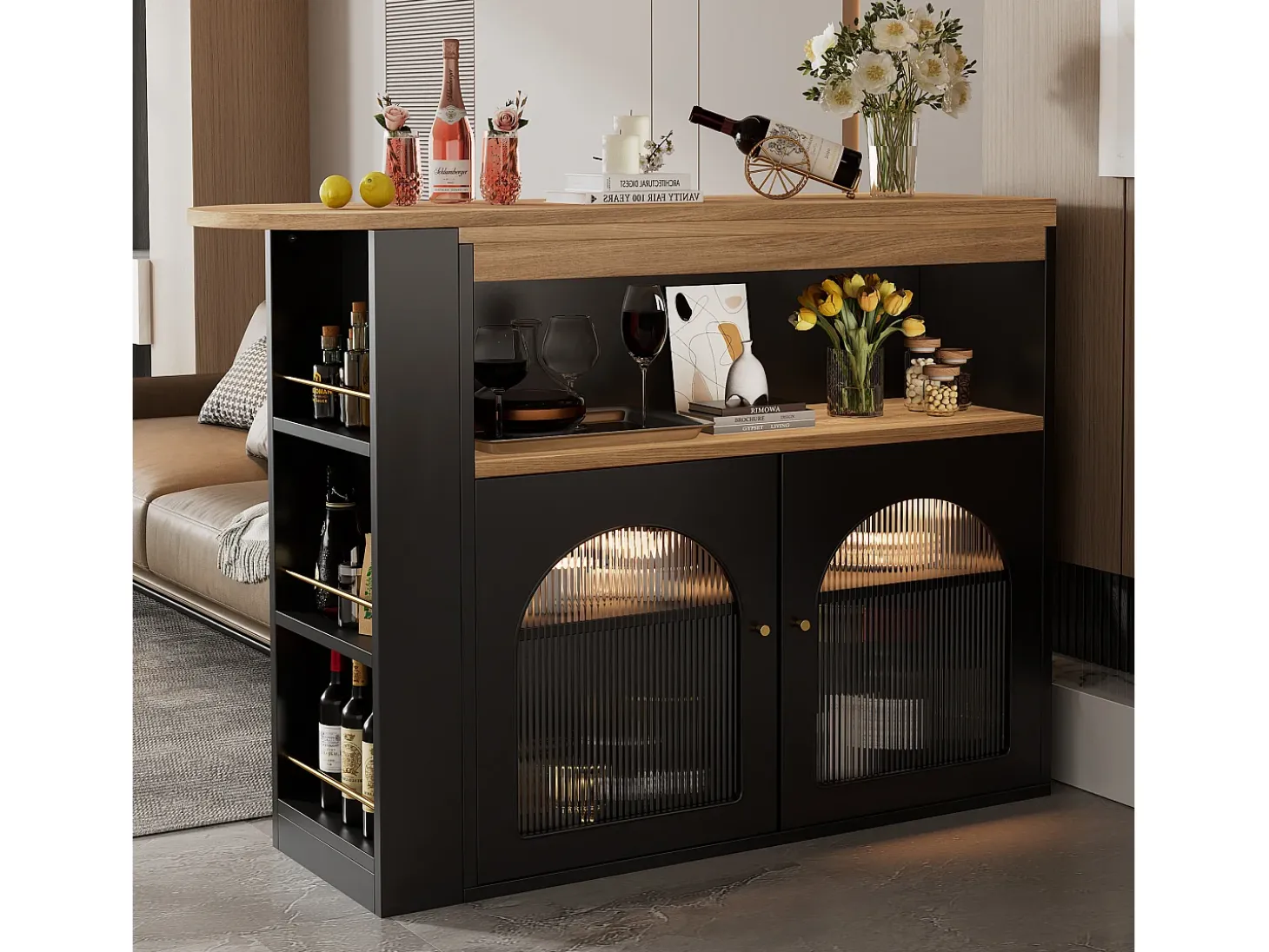 Armário bar giratório - 2 portas, 3 prateleiras de armazenamento e nicho - Tampo com efeito madeira MDF - LEDs - Natural e preto