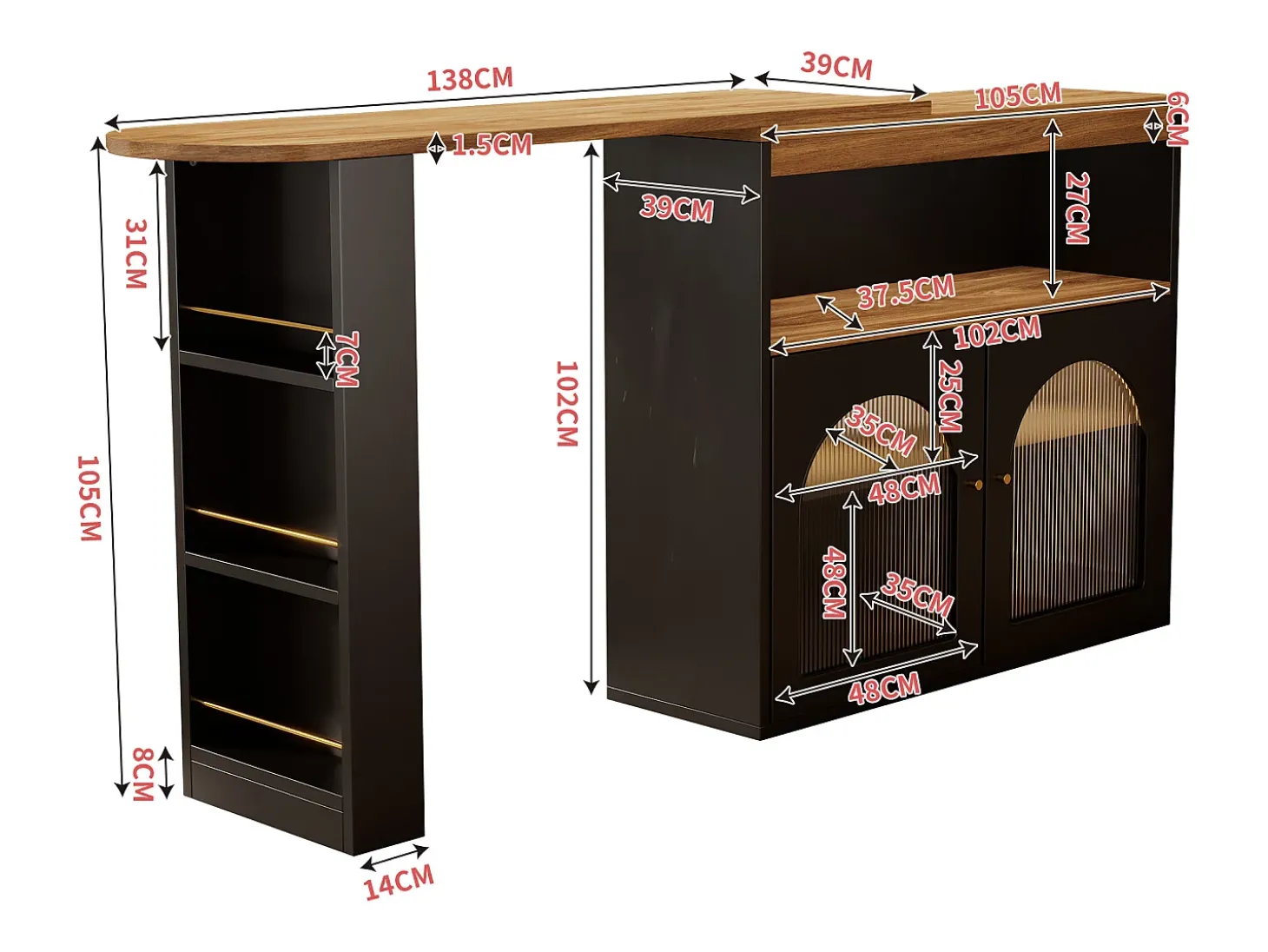 Armário bar giratório - 2 portas, 3 prateleiras de armazenamento e nicho - Tampo com efeito madeira MDF - LEDs - Natural e preto