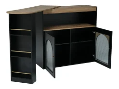 Armário bar giratório - 2 portas, 3 prateleiras de armazenamento e nicho - Tampo com efeito madeira MDF - LEDs - Natural e preto