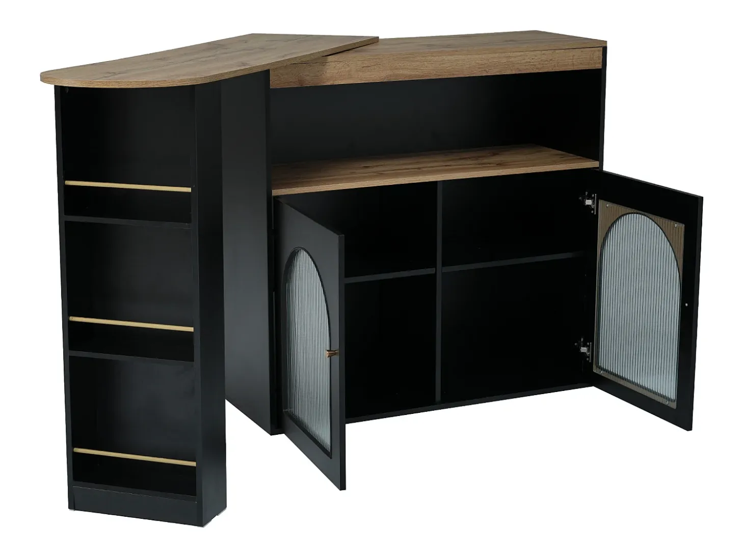 Armário bar giratório - 2 portas, 3 prateleiras de armazenamento e nicho - Tampo com efeito madeira MDF - LEDs - Natural e preto