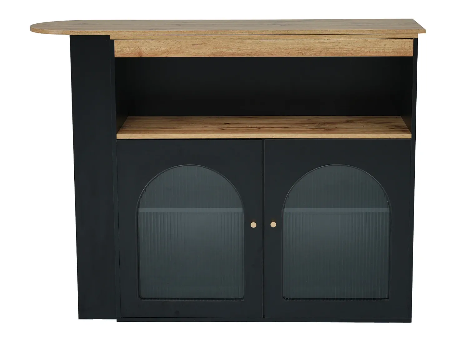 Armário bar giratório - 2 portas, 3 prateleiras de armazenamento e nicho - Tampo com efeito madeira MDF - LEDs - Natural e preto