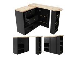 Armário bar giratório - uma porta, 2 gavetas, 3 prateleiras e 2 nichos - Tampo com efeito madeira MDF - 138 cm/105x39x102 cm - Preto