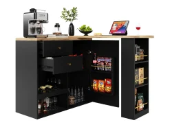 Armário bar giratório - uma porta, 2 gavetas, 3 prateleiras e 2 nichos - Tampo com efeito madeira MDF - 138 cm/105x39x102 cm - Preto