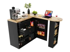 Armário bar giratório - uma porta, 2 gavetas, 3 prateleiras e 2 nichos - Tampo com efeito madeira MDF - 138 cm/105x39x102 cm - Preto