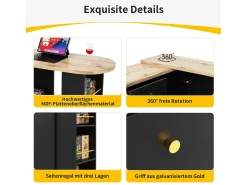 Armário bar giratório - uma porta, 2 gavetas, 3 prateleiras e 2 nichos - Tampo com efeito madeira MDF - 138 cm/105x39x102 cm - Preto