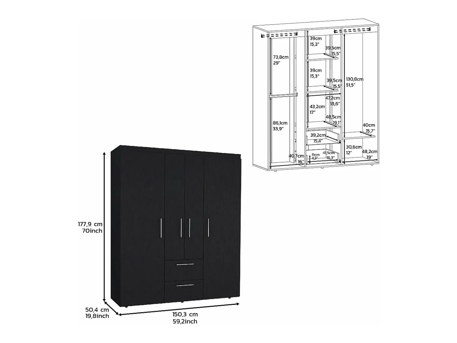 Armário Bariloche em melamina com 4 portas, 4 prateleiras, 3 varões para roupa e 2 gavetas com varões metálicos, preto, 177.9 cm X 150.3 cm X 50.4 cm