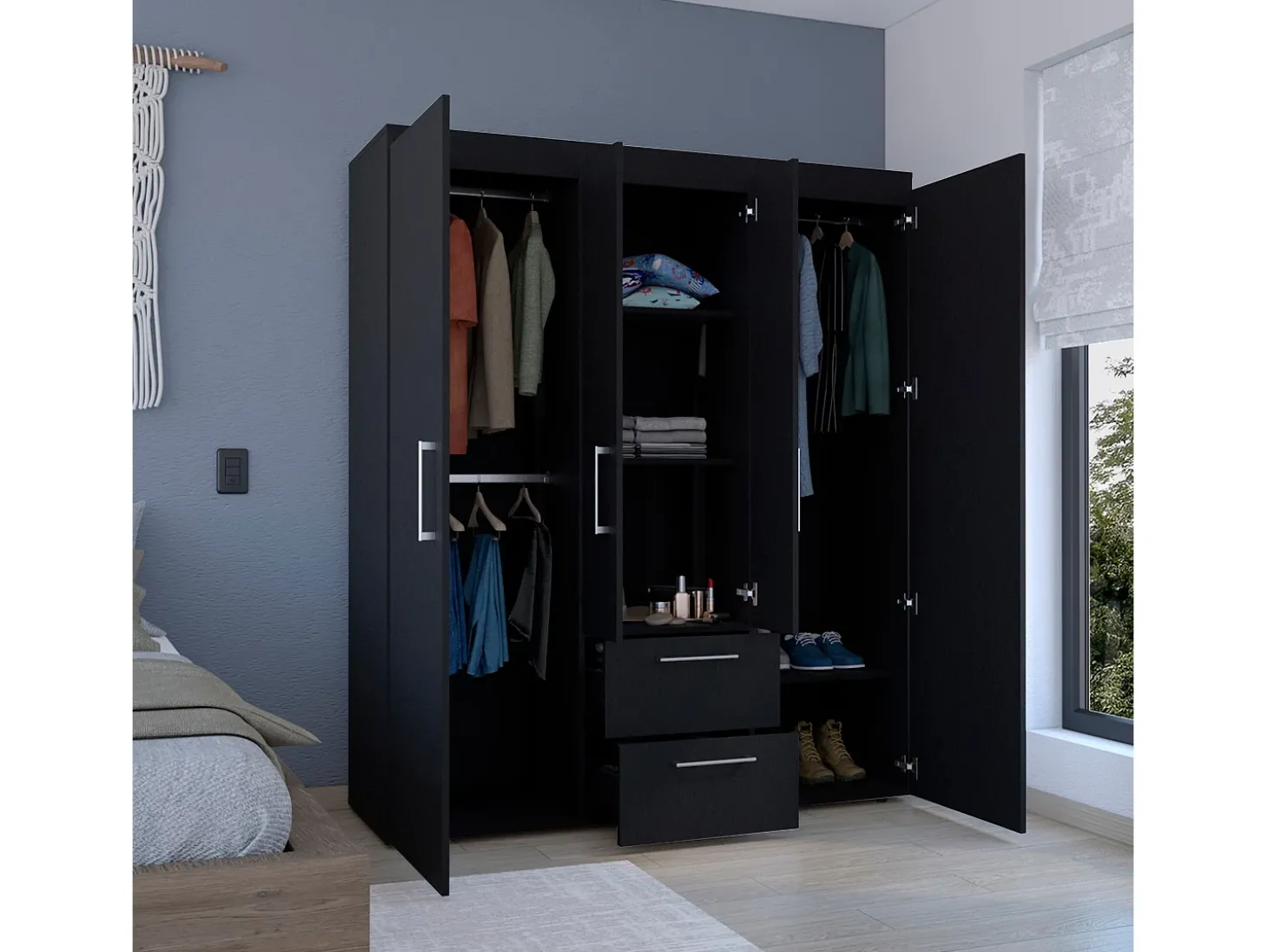 Armário Bariloche em melamina com 4 portas, 4 prateleiras, 3 varões para roupa e 2 gavetas com varões metálicos, preto, 177.9 cm X 150.3 cm X 50.4 cm
