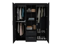 Armário Bariloche em melamina com 4 portas, 4 prateleiras, 3 varões para roupa e 2 gavetas com varões metálicos, preto, 177.9 cm X 150.3 cm X 50.4 cm