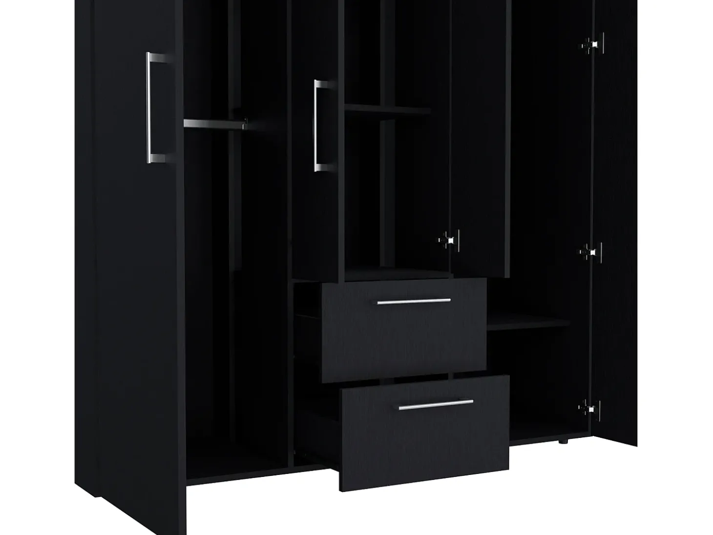 Armário Bariloche em melamina com 4 portas, 4 prateleiras, 3 varões para roupa e 2 gavetas com varões metálicos, preto, 177.9 cm X 150.3 cm X 50.4 cm