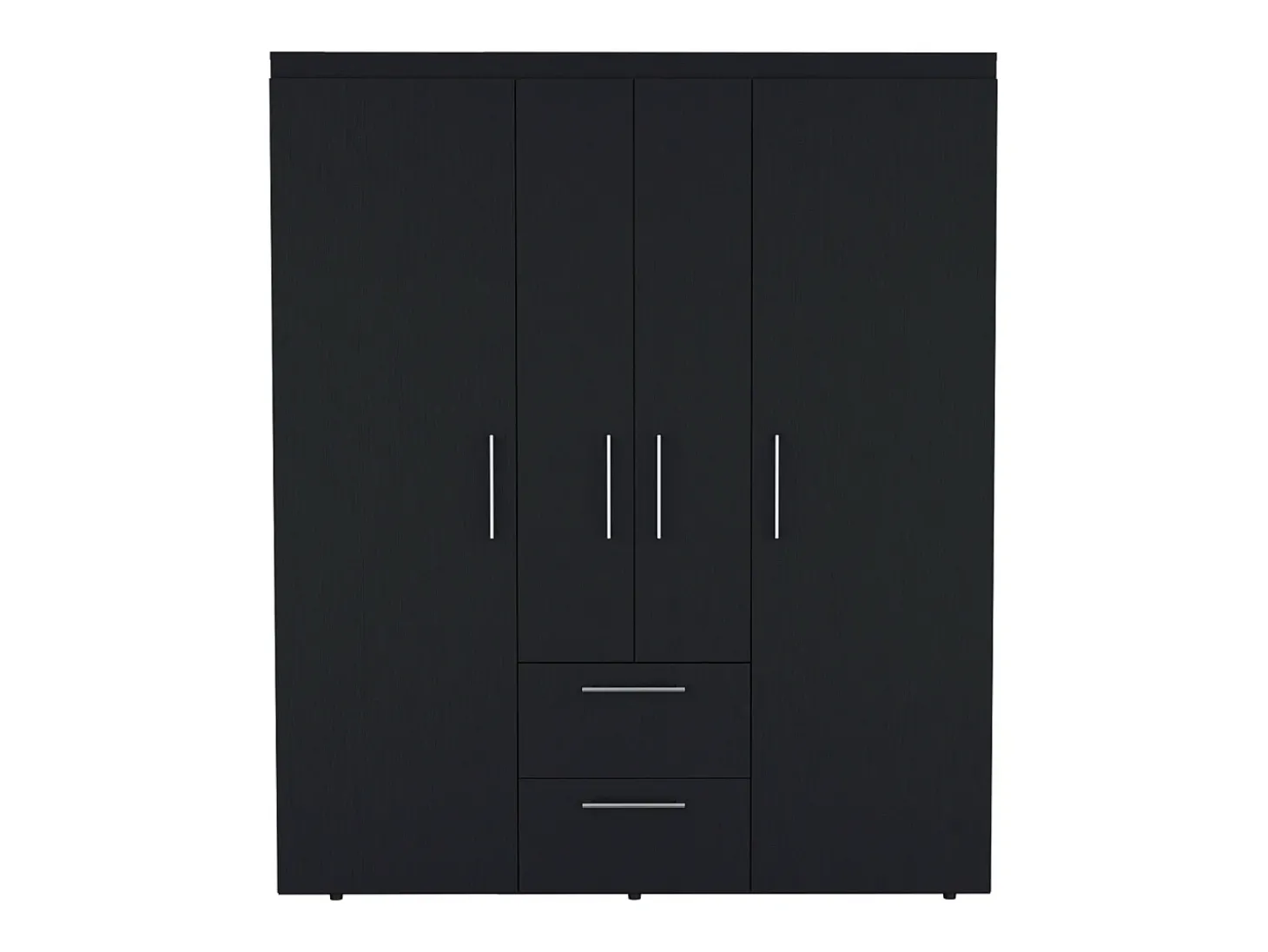 Armário Bariloche em melamina com 4 portas, 4 prateleiras, 3 varões para roupa e 2 gavetas com varões metálicos, preto, 177.9 cm X 150.3 cm X 50.4 cm