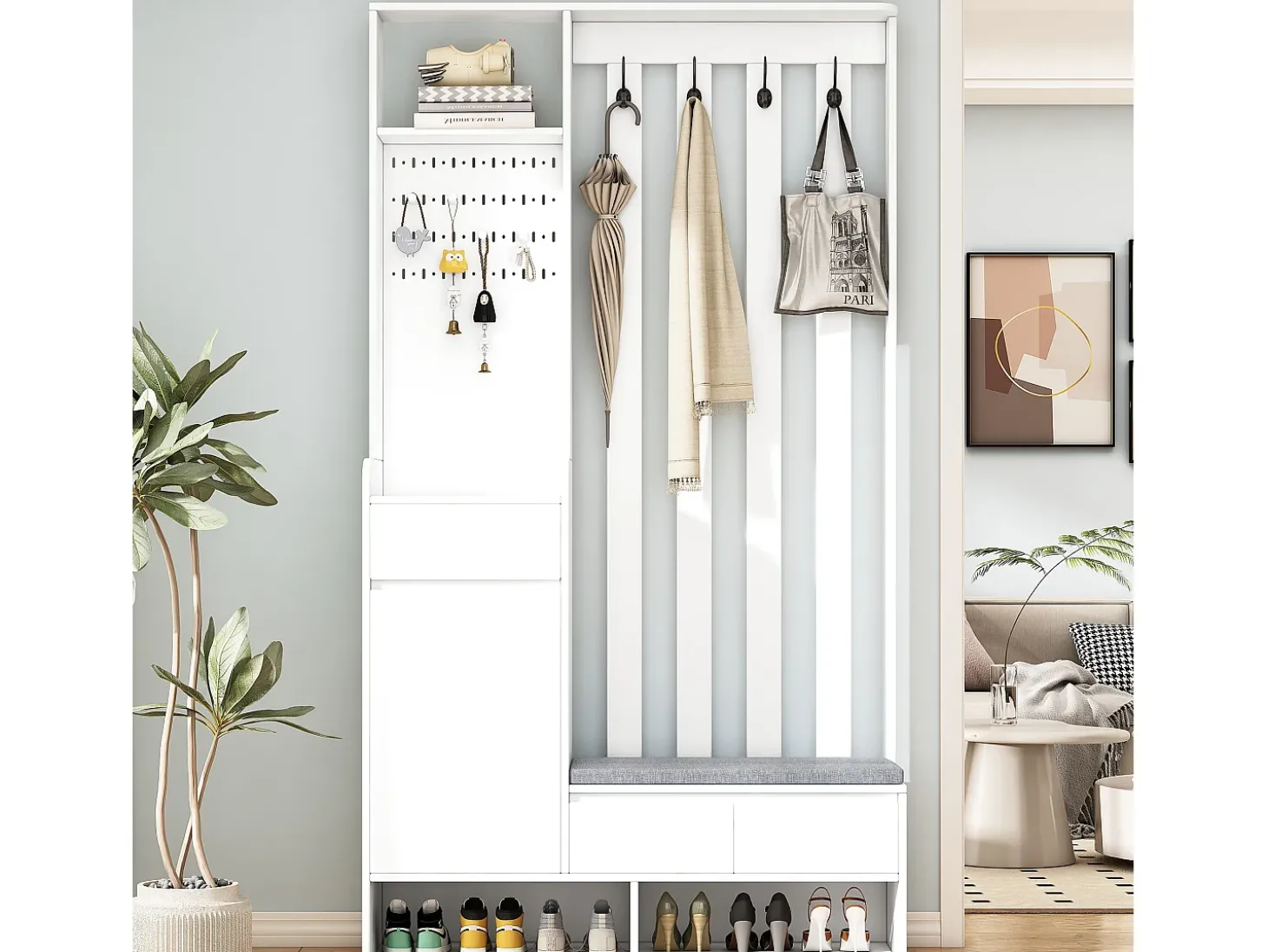 Armário com 3 gavetas, 1 porta e sapateira - 100 x 35 x 180 cm - MDF - Branco