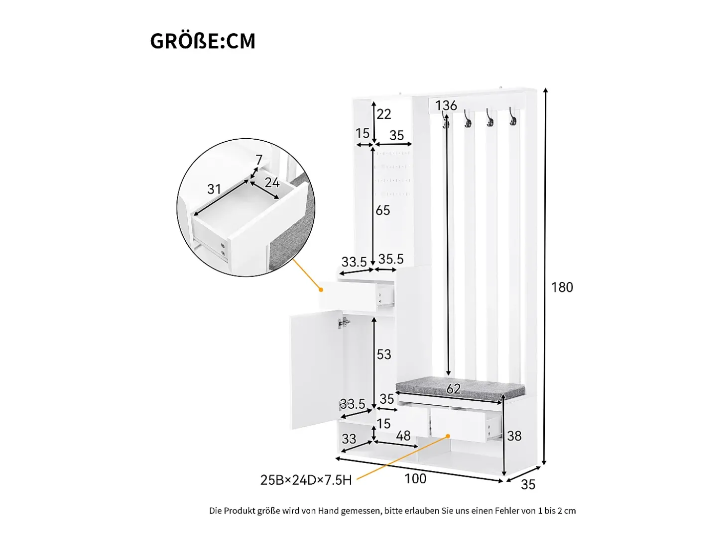 Armário com 3 gavetas, 1 porta e sapateira - 100 x 35 x 180 cm - MDF - Branco
