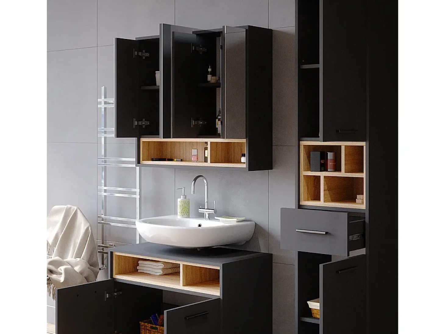 Armário com espelho de casa de banho antracite 80x20x72 beatrice