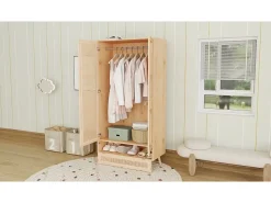 Armário com varão - 2 portas em rede de vime e 1 compartimento com aba - Natural