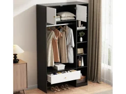 Armário compacto para hall de entrada - 105 x 40 x 185 cm - com 2 portas + 6 compartimentos + varão para pendurar roupas + gaveta - aglomerado - branco + preto