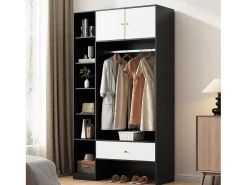 Armário compacto para hall de entrada - 105 x 40 x 185 cm - com 2 portas + 6 compartimentos + varão para pendurar roupas + gaveta - aglomerado - branco + preto