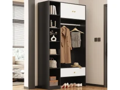 Armário compacto para hall de entrada - 105 x 40 x 185 cm - com 2 portas + 6 compartimentos + varão para pendurar roupas + gaveta - aglomerado - branco + preto