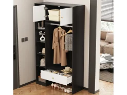 Armário compacto para hall de entrada - 105 x 40 x 185 cm - com 2 portas + 6 compartimentos + varão para pendurar roupas + gaveta - aglomerado - branco + preto