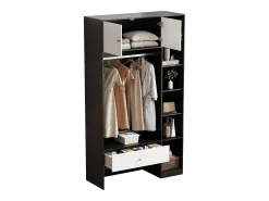Armário compacto para hall de entrada - 105 x 40 x 185 cm - com 2 portas + 6 compartimentos + varão para pendurar roupas + gaveta - aglomerado - branco + preto