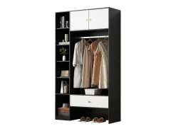 Armário compacto para hall de entrada - 105 x 40 x 185 cm - com 2 portas + 6 compartimentos + varão para pendurar roupas + gaveta - aglomerado - branco + preto