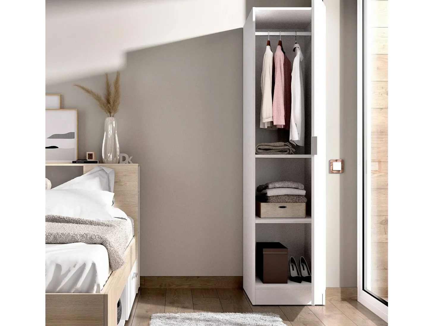 Armário Dbusat, Cabideiro para quarto, Armário com 1 porta única, 41x52h184 cm, Branco