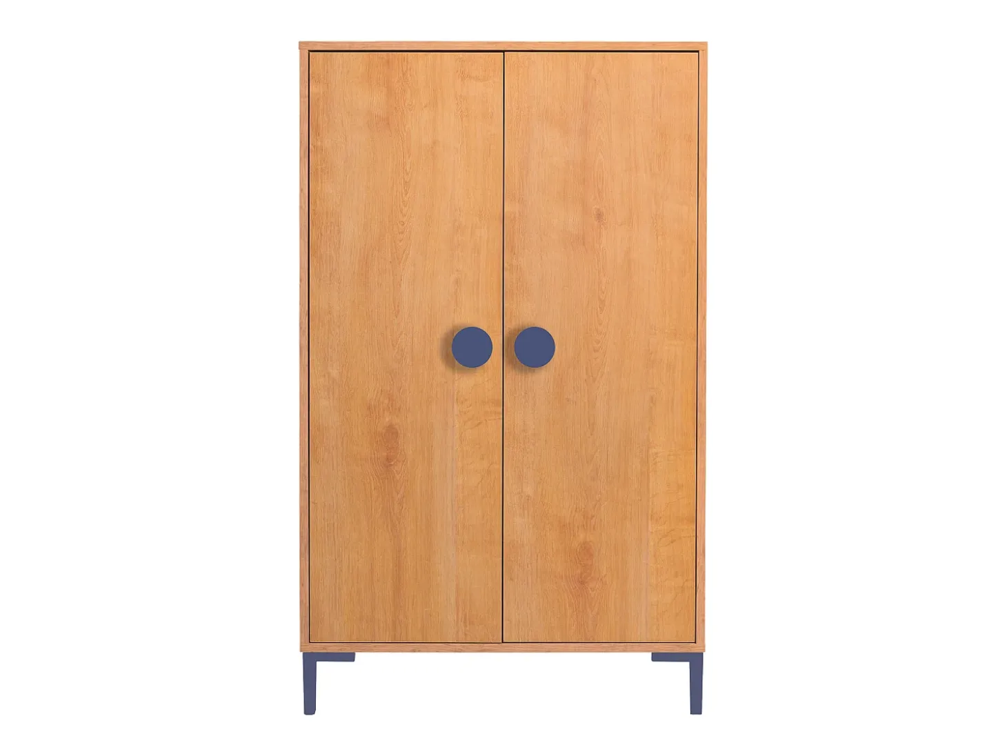 Armário de 2 portas cor carvalho e detalhes em azul.